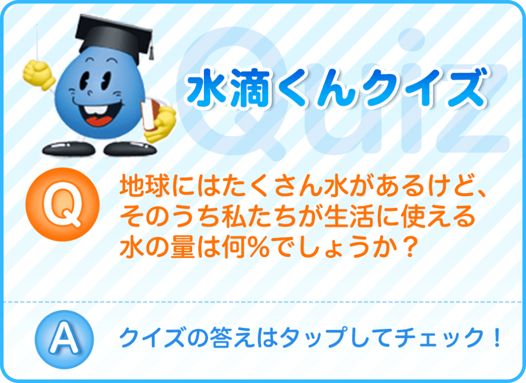 地球にはたくさんの水があるけど、そのうち私たちが生活に使える水の量は何％でしょうか？クイズの答えはタップしてチェック！