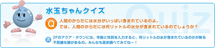 人間のからだには水分がいっぱい含まれているのよ。では、人間のからだには何リットルの水分が含まれているのでしょうか？