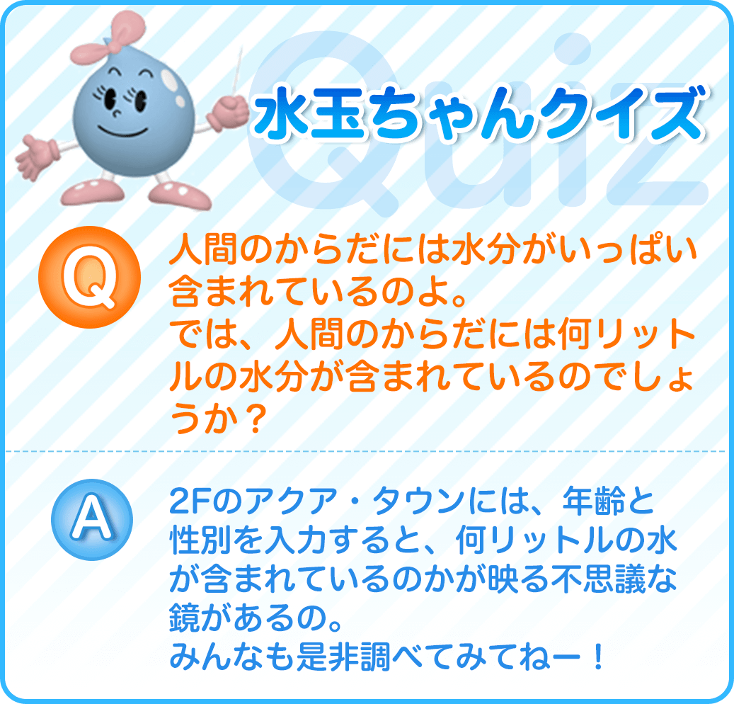 人間のからだには水分がいっぱい含まれているのよ。では、人間のからだには何リットルの水分が含まれているのでしょうか？