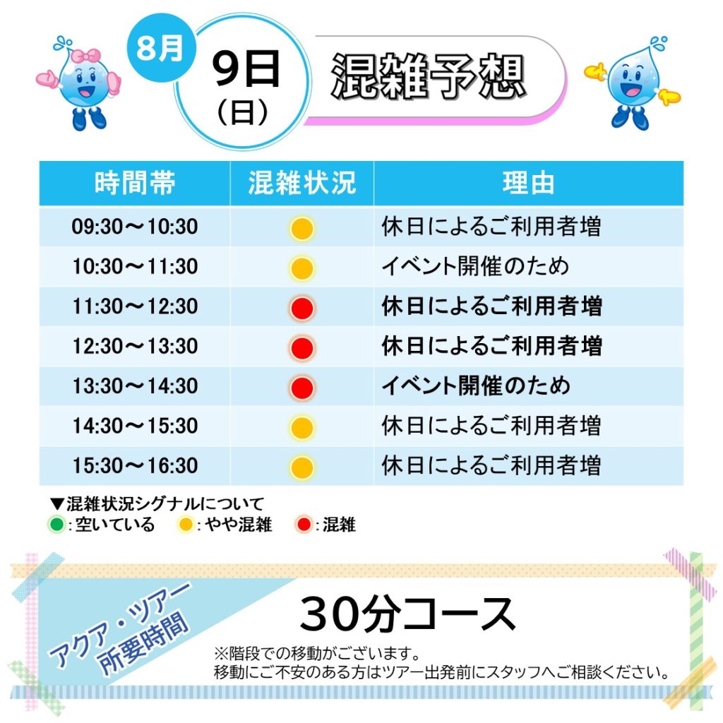  9:30～10:30【やや混雑】休日によるご利用者増
10:30～11:30【やや混雑】イベント開催のため
11:30～12:30【混雑】休日によるご利用者増
12:30～13:30【混雑】休日によるご利用者増
13:30～14:30【混雑】イベント開催のため
14:30～15:30【やや混雑】休日によるご利用者増
15:30～16:30【やや混雑】休日によるご利用者増